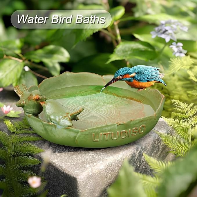 Ceramic Bird Bath for Outdoors, 10 Inch Bird Bath Bowl Only, Heavy Duty Ground Bird Feeders Tray, Durable Bird Feeding Bowl for Yard and Garden, Green
