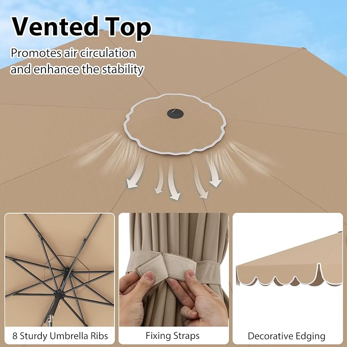 HAPPYGRILL 10 FT Patio Umbrella, Market Table Umbrella w/Crank, Push Button Tilt, Ruffled Edges, Vented Top & 8 Ribs, Outdoor Sun Shade for Poolside Backyard Beach