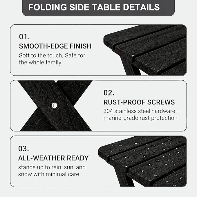 Folding Outdoor Side Table,Small HDPE Patio Table,All-Weather Compact Portable End Table for Patio,Porch,Pool,Black,11.8" D x 15.7" W x 15.7" H