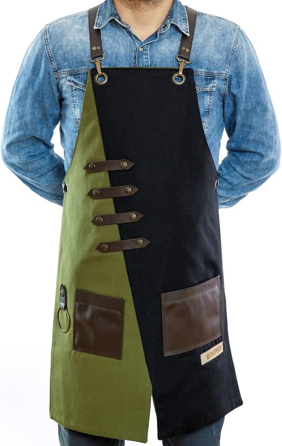 MONAPRON Apron for Women and Men Waterproof Canvas Extra Pocket for Chef Barista Gardening BBQ Grilling Crossback Unisex