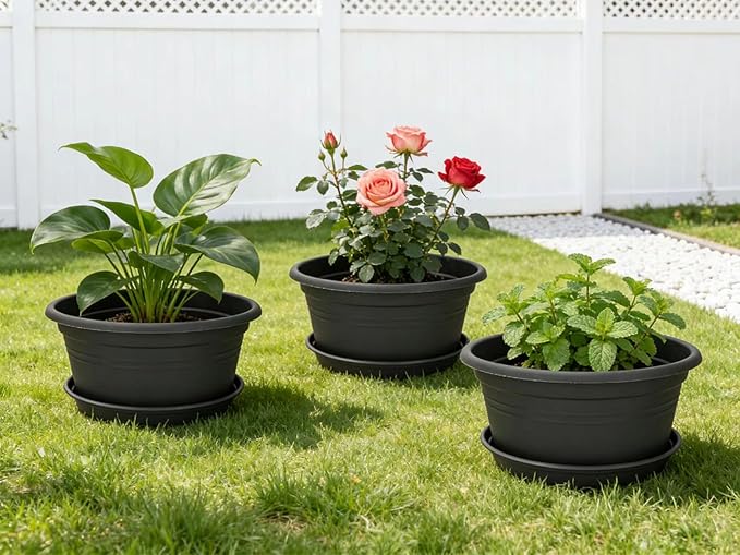 MRPAPA 6Pack Round Plastic Pots for Plants, Outdoor Planters with Drainage Hole & Tray Saucer, Decoration Large Flower Pots for Indoor Outdoor Garden Home Plants (6, Dark Gray, 10 Inch)