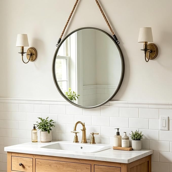 POZINO 20 Inch Round Mirror with Grey Metal Frame, Hanging Mirror for Wall | Circle HD Mirror with Jute Rope, Anti-Rust, Farmhouse Decorative Wall Mirror for Entryway, Living Room, Fireplace, Bathroom