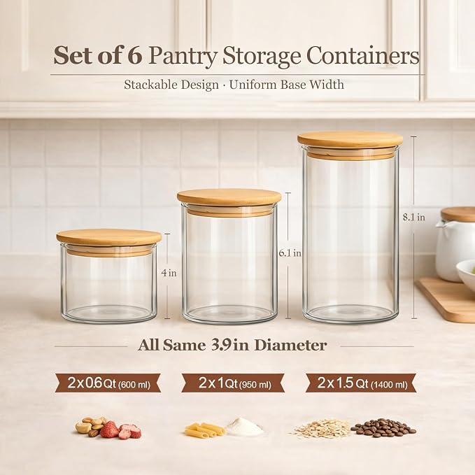 ComSaf Glass Storage Containers with Lids, Set of 6 Jars (0.6Qt/1Qt/1.5Qt) | Glass Pantry Storage Containers , Pantry Organization, BPA Free, Dry Food Storage Jar, Flour Cereal Sugar Tea Coffee Beans