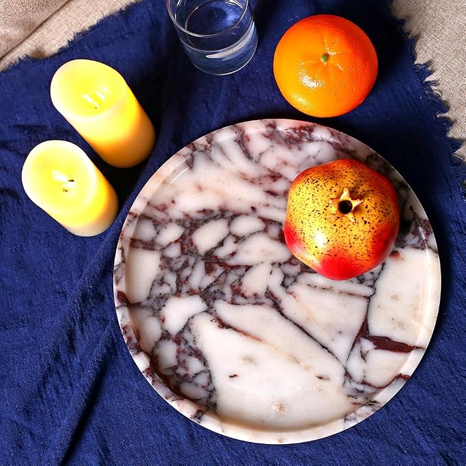 DUANYAN Natural Marble Tray, Coffee Table, Food, Fruit, Paper Cup, Cake Display, Coffee bar, Family Gatherings, Seasonal Holiday Decoration Tray(Viola-circular-9.8"x9.8"x0.7")