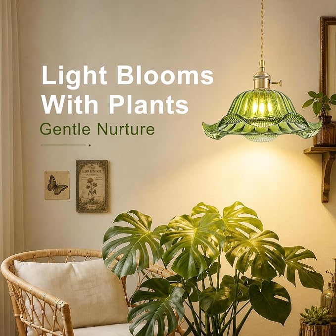 Hanging Grow Lights for Indoor Plants, 12W Full Spectrum 98+ CRI Grow Lamp, Dual CCT 3000K/4000K, Dual Switches, Pulley Height Adjustable, 14.76FT Cord, Petal Glass Plant Light for Indoor Flowers