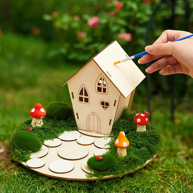 Kathfly 8 Sets Wooden Fairy House DIY Craft Kit for Kids with Paints & Decorations, Unpainted Miniature Garden Accessories for Home Event Party Decorations, Arts Birthday Party Favor (Fairy House)