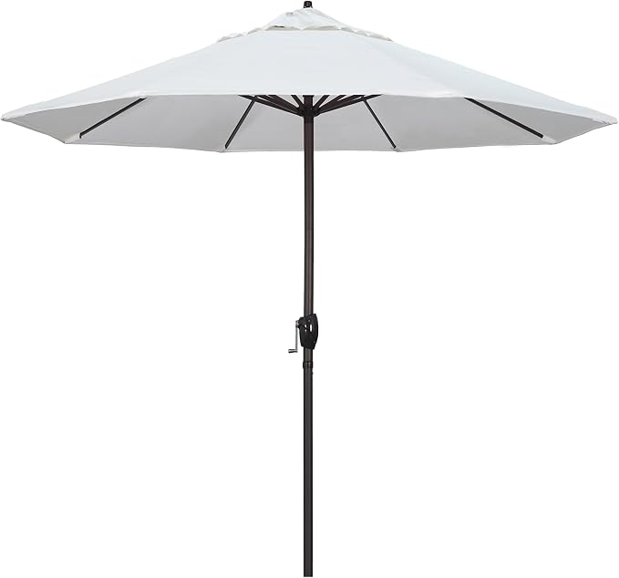 California Umbrella 9' Round Aluminum Outdoor Deck, Pool or Patio Umbrella, Crank Lift, Auto Tilt, Bronze Pole, White Olefin