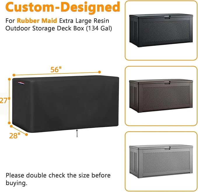 56 In Outdoor Storage Deck Box Cover for Rubber Maid Container Bin 134 Gal | 56x28x27,Waterproof Dustproof Heavy Duty Oxford Fabric,for Rubber Made ExLarge Resin Storage Deck Organization (134 Gal)