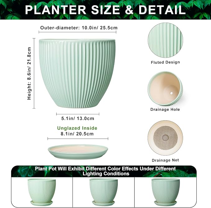 10 Inch Planter Indoor, Ceramic Pots for Plants Indoor, Decorative Plant Pots with Drainage Hole and Saucer, Large Modern Planter, Round Flower Pot, Floor Decor, Women Men Gifts, Mint Green