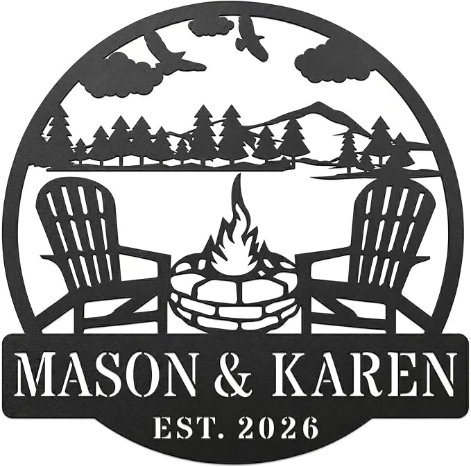 Personalized Campfire Metal Sign Custom Family Name Plaque, Mountain Cabin Wall Art for Backyard Fire Pit, Outdoor Camping Decor for RV Campsite and Nature Lovers