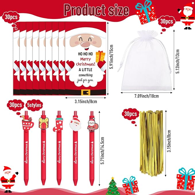 Marspark 30 Set Santa Gifts Bulk Christmas Ballpoint Pens and Greeting Cards Set with Bag Twist Ties for Employee Coworker Teacher Student School Office Home Party Favor