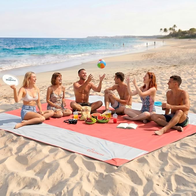 Wolfwise 108" × 120" XXL Beach Blanket, Waterproof & Sandproof Picnic Mat with 4 Sand Pockets & 4 Stakes, Windproof Outdoor Camping Beach Mat, Lightweight, Fits 8 People, Pink