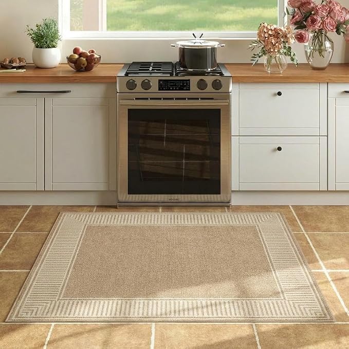 GarveeHome Washable 2x3 Entryway Area Rug Non Slip Modern Small Door Mat | Solid Color Living Room Bedroom Small Rugs Bordered Mat for Bathroom Kitchen Nursery, Khaki