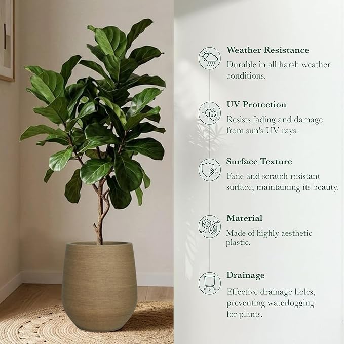 11.8" H Plastic Tall Planters for Outdoor Plants, Modern Round Tapered Flower Pot for Outdoor and Indoor Plants, Large Plant Pot with Drainage Holes and Plug for Home Garden Patio, Wood-Like