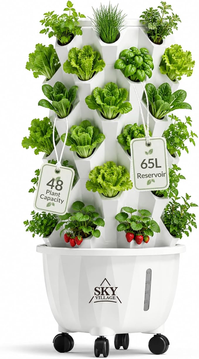 Sky Village Outdoor Hydroponic Growing System, 48 Plant Sites, 6-Tier | Garden for Vegetables, Herbs & Strawberries, Sunlight Powered, 65L Reservoir, Timer & Pump for Patio, Balcony & Backyard