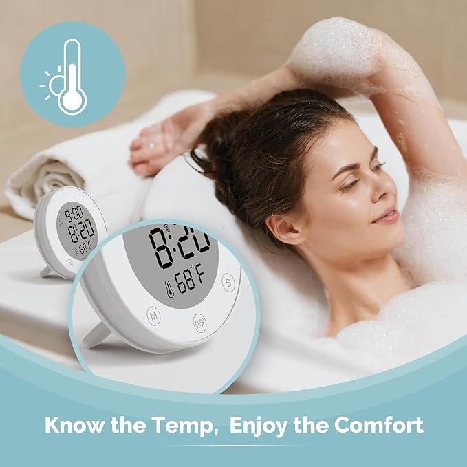 KADAMS Shower Clock Waterproof Bathroom Timer – Digital Wall Clock with Countdown, Magnetic Kitchen Clock with Temperature & Humidity, Suction Cup for Kids Shower Spa Cook Bath (Peal)