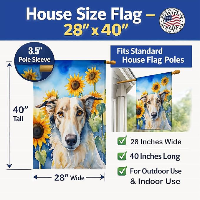 Caroline's Treasures DAC6035CHF Borzoi in Sunflowers House Flag Large Porch Sleeve Pole Decorative Outside Yard Banner Artwork Wall Hanging, Polyester, House Size, Multicolor