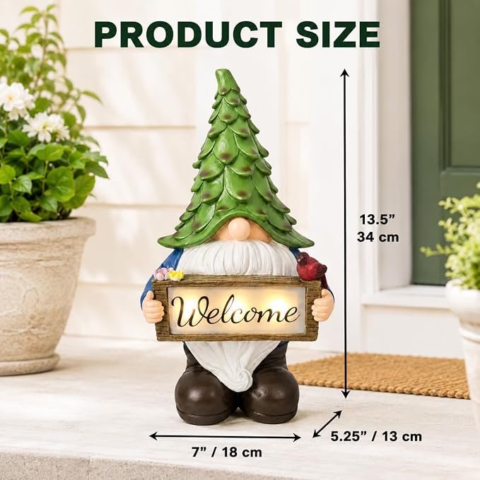 Solar Garden Gnome Statue with Welcome Sign, 13.5" Resin Outdoor Gnome Decor with LED Light, Cute Garden Statue for Yard, Porch, Patio, Lawn, Housewarming Gifts for Women Mom Grandma