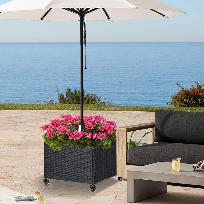 SUNNYPARK Umbrella Base with Wheels and Fillable Planter 2 in 1 | 120lbs Capacity, Heavy Duty, Hand Woven Rattan Style, Portable Decorative Umbrella Stand for Garden Backyard Deck Poolside