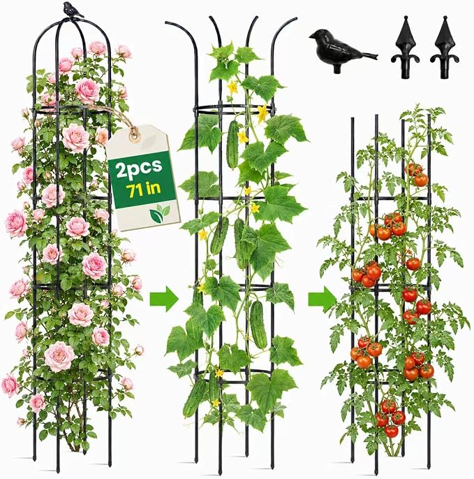 Garden Obelisk Trellis for Climbing Plants Outdoor, 6 ft Tall Trellis for Roses Clematis Jasmine Ivy Flower Light Climbing Vines Potted Plant Support, Patio, Yard, Black, 2PCS