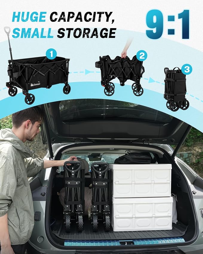 Gonex 38''L Collapsible Foldable Wagon Cart with 360lbs Weight Capacity,220L Folding Utility Garden Cart with Detachable Wheels for Grocery Sports Shopping Camping - Black