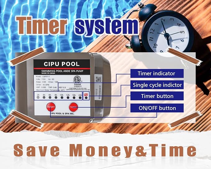 CIPU 0.35HP Pool Pump with Timer 2700GPH 115V Powerful Self Priming Above Ground Swimming Pool Pump with Filter Basket Low Noise for Pools Hot Tub Spa Water Circulation