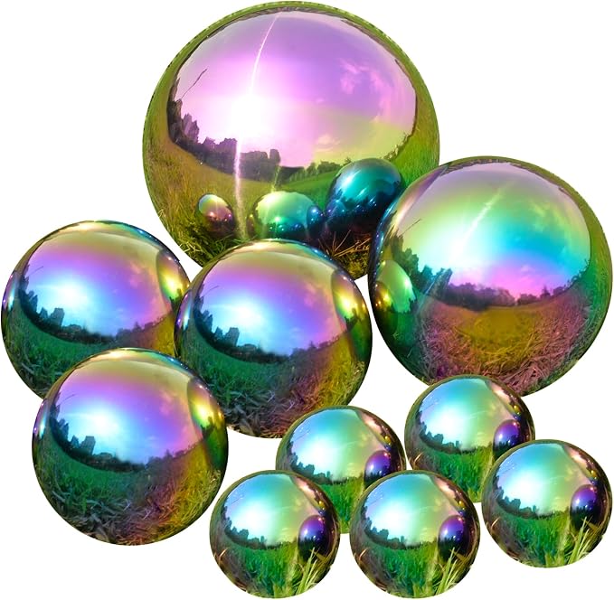 Gazing Ball Garden Mirror Outdoor - Outside Decorative Globe, Rainbow 10Pcs | Metal Polished Reflective Sphere, Stainless Steel Hollow Decoration Ornament for Home Pond Swimming Pool Housewarming Gift