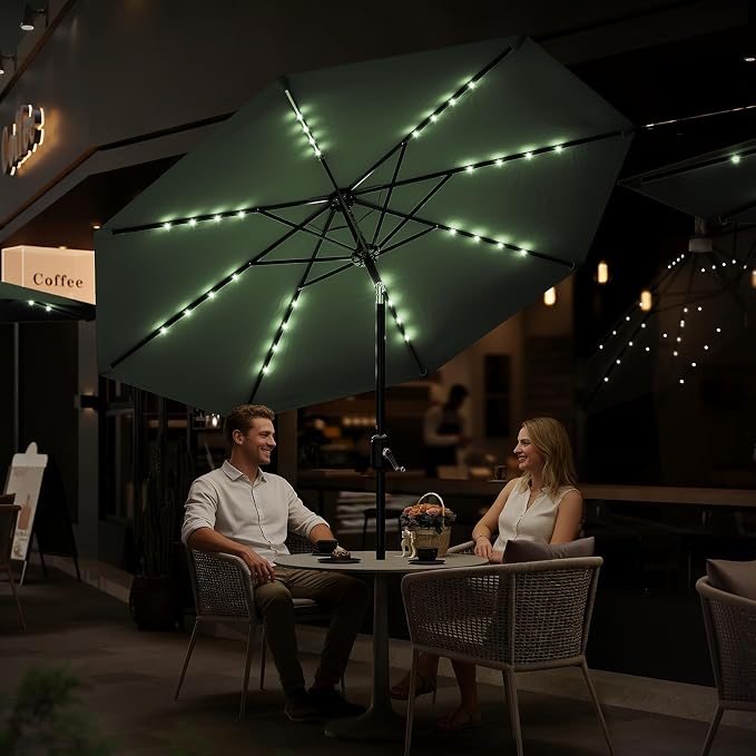 Patio Umbrella with Solar Lights, Outdoor Table Umbrella with 8 Durable Ribs, Tilt & Crank Mechanism, Water & UV Protection Sun Shade Umbrella for Garden, Poolside, Backyard (Dark Green, 10 FT)