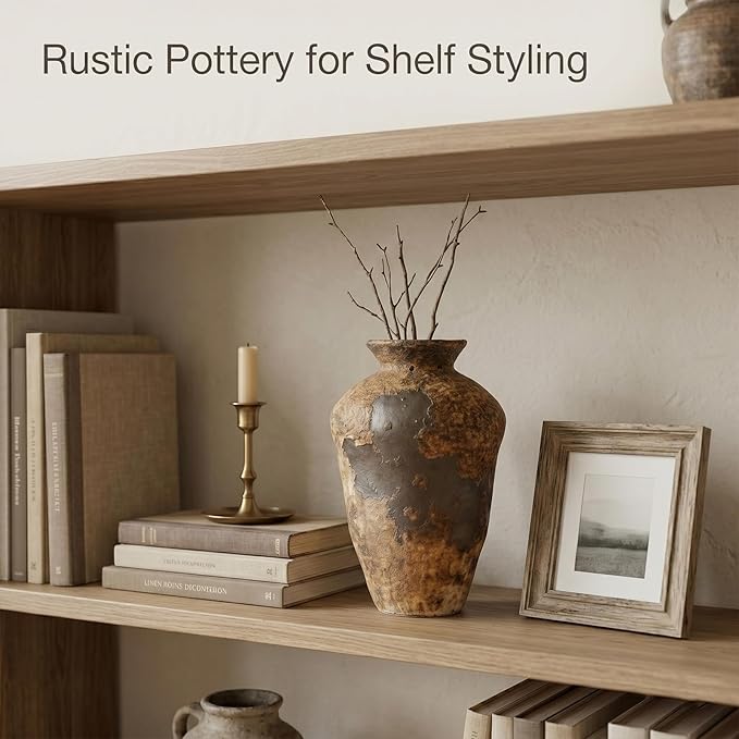 Small Stone Vase for Rustic Home Decor, Farmhouse Antique Pottery Vase Furniture&Table Flower Decorative, Round Terracotta Vases for Living Room Decor, Modern Rustic Concrete Clay Art Vases