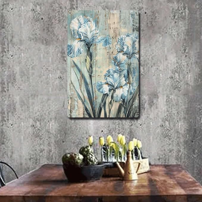Metal Sign Tin Sign Vintage Wall Art Rustic Celebration Irises Tin Sign for Easy Installation Weather Resistant Design and Vintage AES Bathroom Signs Decor for Home Decor 8×12 Inches