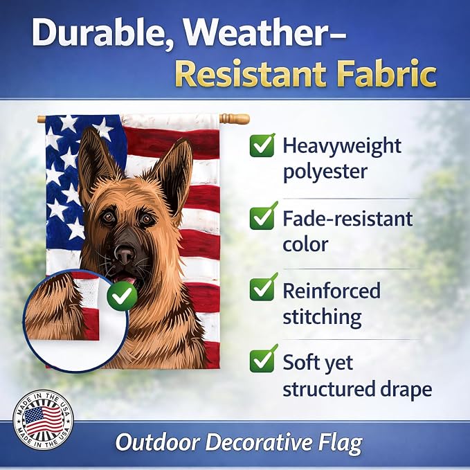 Caroline's Treasures CK6536CHF German Shepherd Dog American Flag House Flag Large Porch Sleeve Pole Decorative Outside Yard Banner Artwork Wall Hanging, Polyester, House Size, Multicolor