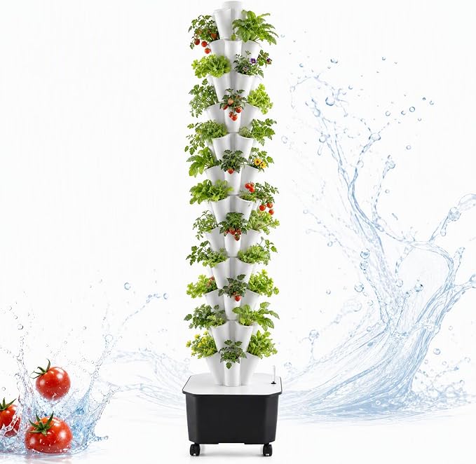 Hydroponic Tower 60 Pods 12 Tiers Hydroponics Growing System Vertical Garden System with 25L Water Tank and Pump for Indoor Outdoor Home, Balcony & Patio