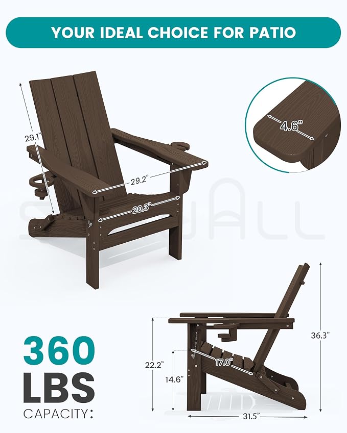 SERWALL Modern Adirondack Chairs Set of 2, Folding Adirondack Chair with Cup Holders, Outdoor HDPE Adirondack Chair for Patio Lawn Garden, Coffee