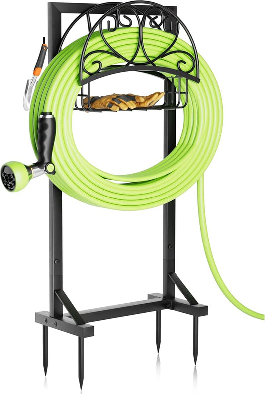 Stable Garden Hose Holder with Storage Basket and Tool Hooks, Heavy-Duty Water Hose Storage Metal Hose Hanger Holds 160Ft, Rustproof Freestanding Hose Holder for Outside,Yard,Lawn,Farm