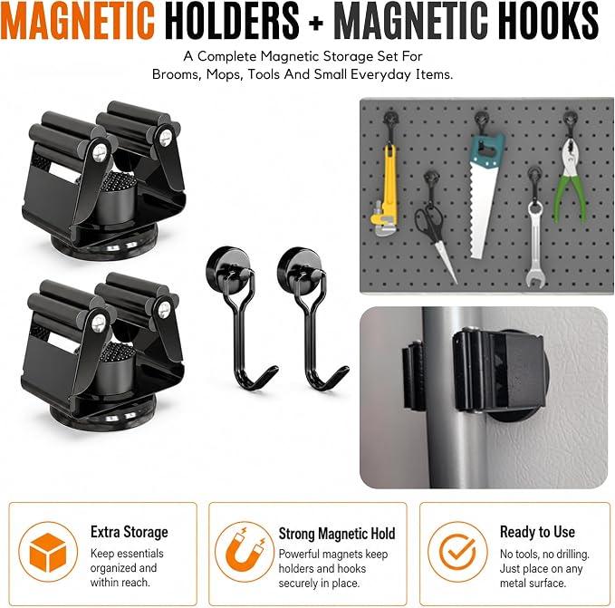 3-H Magnetic Broom Holder 8pcs, Stainless Steel No Drill Mop Holder Wall Mount with 4 Mini Magnetic Hooks, Movable Magnet Tool Organizer for Garage Laundry Kitchen Garden RV,Black