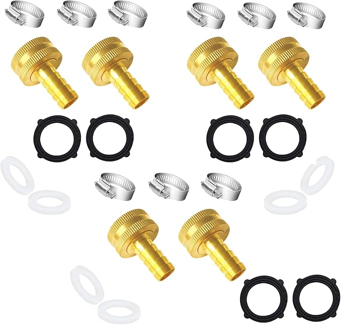 6PCS Solid Brass 3/8" Barb x 3/4"GHT Female Garden Hose End Connector Splicer Mender Repair Fitting Include 9 Stainless Steel Clamps