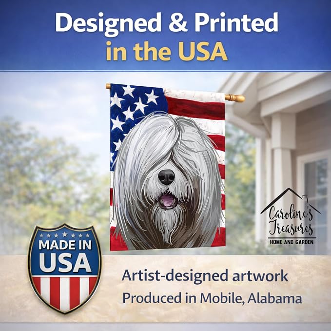 Caroline's Treasures CK6716CHF South Russian Ovcharka Dog American Flag House Flag Large Porch Sleeve Pole Decorative Outside Yard Banner Artwork Wall Hanging, Polyester, House Size, Multicolor