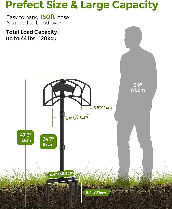 LAND·VOI Freestanding Garden Water Hose Storage Holder Stand for Outside, 160-Ft Hose Heavy Duty Metal Hanger Reel Organizer Outdoor Yard Lawn, Standing Keeper Rack with Ground Stake, Black GHH01BK01