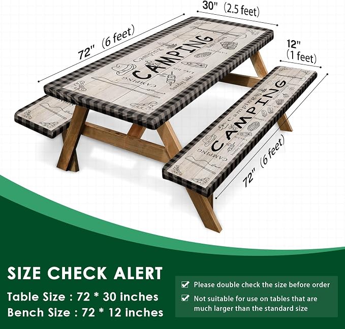 Picnic Table Cover with Bench Covers Elastic Edges, Blue Camper Fitted Table Cover, Outdoor Patio Camping Essentials 72 Inch 3PCS, Waterproof Camping Fitted Tablecloth with Drawstring Bag