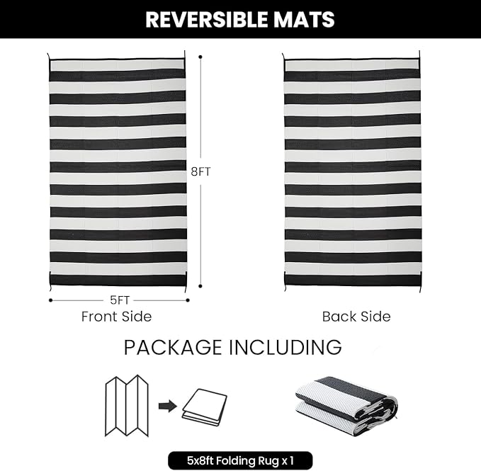 Outdoor Rug Waterproof 5 x 8 ft, Reversible Plastic Straw Rug for Patio, Large Outdoor Carpet for RV, Patio, Camping, Backyard, Deck, Picnic, Beach, Black & White
