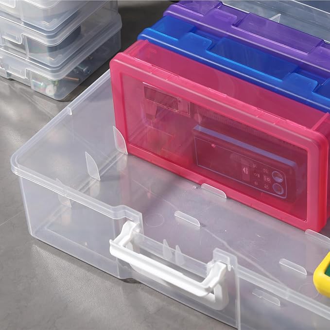 Novelinks Stackable Plastic Clear Storage Box Containers with Latching Lid - Art Craft Supply Organizer Storage Containers for Pencil Box,Crayon, Jewelry (6 Pack Medium Colorful+6 Pack Small Clear)