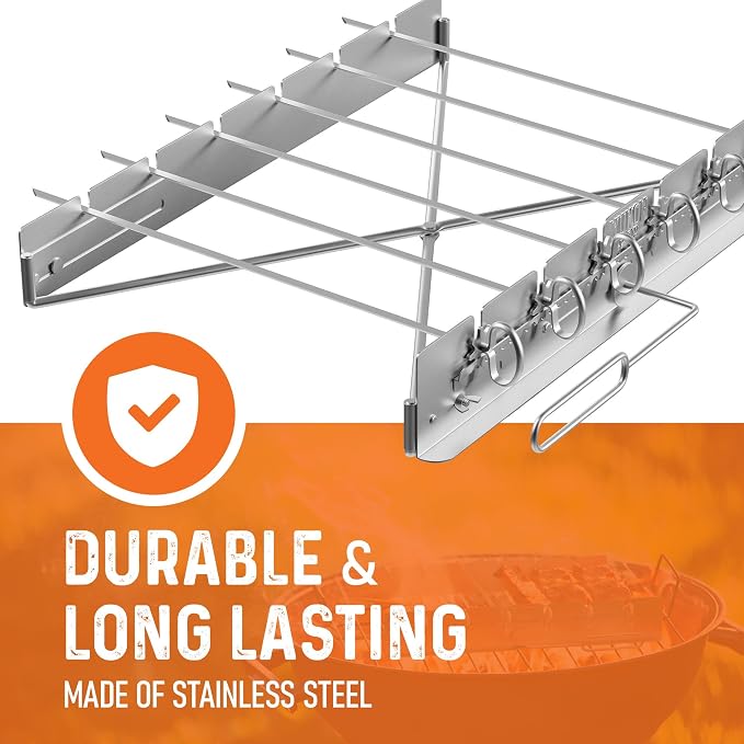 Yukon Glory Rotating Kabob Skewer Rack, Stainless Steel Shish Kebab Set with 6 Metal Skewers, Collapsible Holder for Grill, Dishwasher Safe