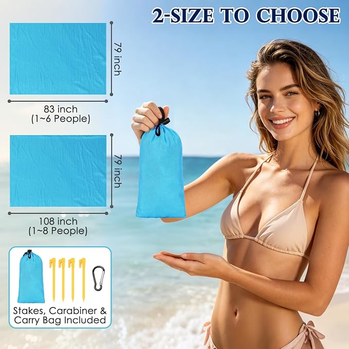 Fammart Beach Blanket Sandproof Waterproof, Extra Large Beach Mat with Stakes & Corner Pockets, Oversized & Compact Sand Free, Quick Drying Beach Essentials for Vacation, Cruise, Picnic & Camping