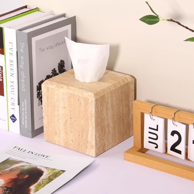 Natural Marble Square Tissue Box Cover,Stone Modern Decorative Sturdy Napkin Box Holder Case,Facial Paper Organizer for Bathroom Vanity Toilet Countertop,Kitchen (1, Travertine, 5.71 * 5.71 * 5.51)