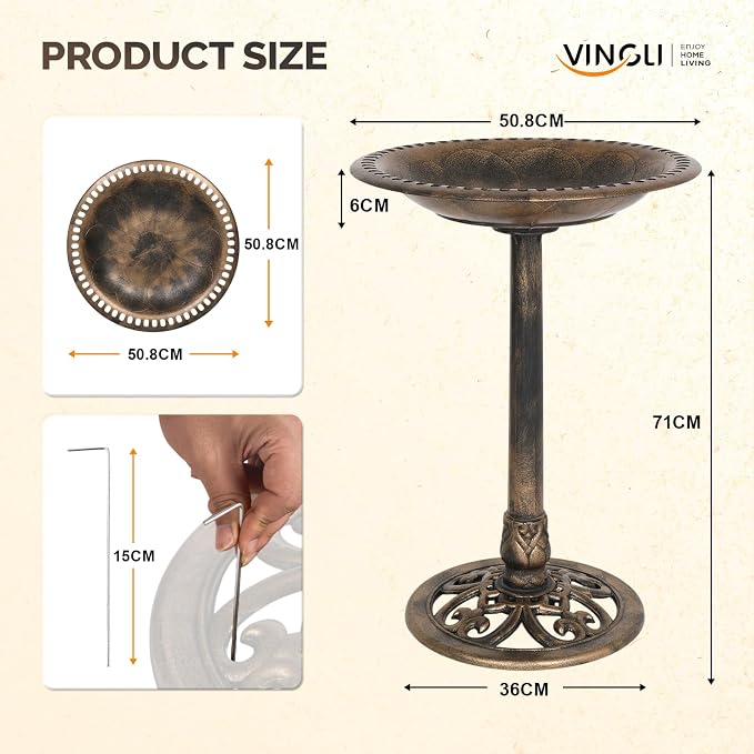 VINGLI Pedestal Bird Bath with Solar Fountain, Solar Pump Resin Birdbaths, Weather Resistant Bird Baths with Ground Stakes, Vintage Finish Garden Decor for Outdoor, Patio, Yard, Lawn (Copper-2.5W)