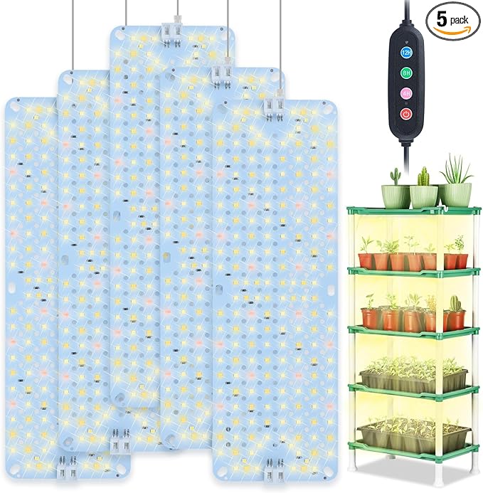 5Pack Panel Grow Lights for Indoor Plants, Seed Starting, Vegetables with 4/8/12/16/20 Hr Timer, 50W Full Spectrum LED Plant Growing Lamps for Cabinet/Shelves/Greenhouse, Plug-and-Play, Connect Freely