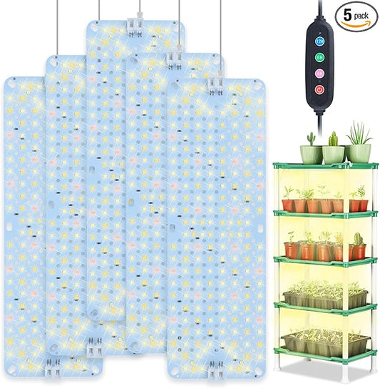 5Pack Panel Grow Lights for Indoor Plants, Seed Starting, Vegetables with 4/8/12/16/20 Hr Timer, 50W Full Spectrum LED Plant Growing Lamps for Cabinet/Shelves/Greenhouse, Plug-and-Play, Connect Freely
