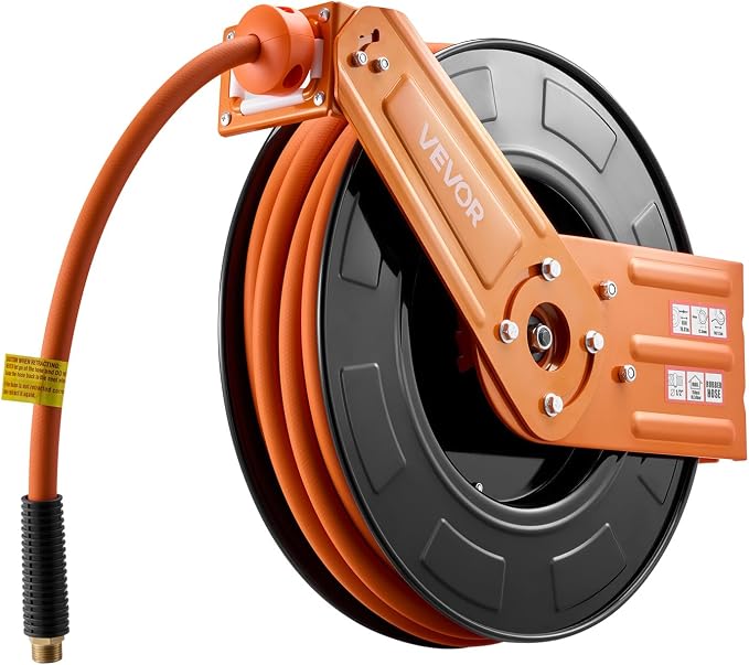 VEVOR Retractable Air Hose Reel, 1/2 Inch x 50 FT Rubber Air Hose Max 300PSI, Auto Rewind Air-Compressor Hoses Reel with 5 ft Lead in, Ceiling/Wall Mount for Garage Workshops