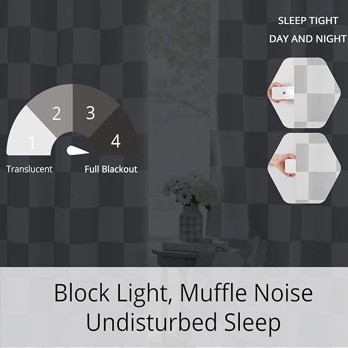 100% Blackout Checkered Curtains – 2 Panels, Each W52×L96, Thermal Insulated, Nosie Reducing for Bedroom, Modern Light Grey and White Checkerboard Design, Gray Checkered