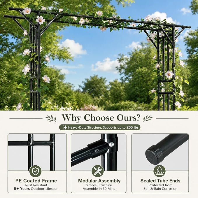 Flat Top Garden Arch Trellis Pergola, 11.8 x 9.02 FT Large Metal Arbor for Climbing Plants, Plastic-Coated Galvanized Steel Frame, Outdoor Decorative Arch for Garden, Backyard, Lawn (Black)